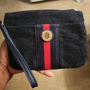 Tommy Hilfiger Stripe Wristlet Wallet Bag Navy Denim Canvas